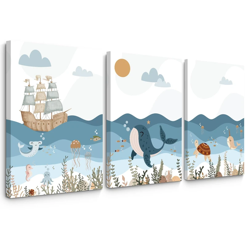 Ocean Nursery Wall Art Pictures Blue Nautical Canvas Art Beach Animal Wall Decor Baby Boys Room Wall Art Sea Whale Prints Ocean Nautical Poster for Nursery Baby Room 16x24 Inch Set of 3 Framed