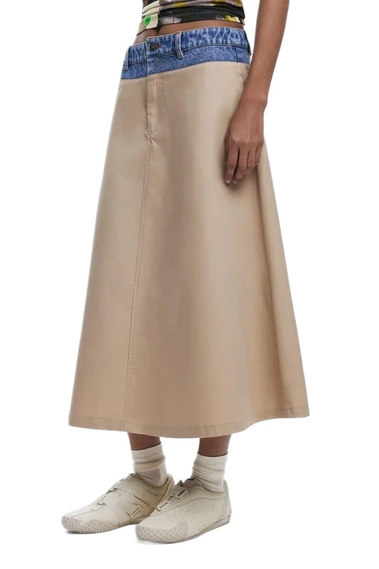 Desigual Barcelo Long Flared Denim & Beige Hybrid Skirt 25SWFW12