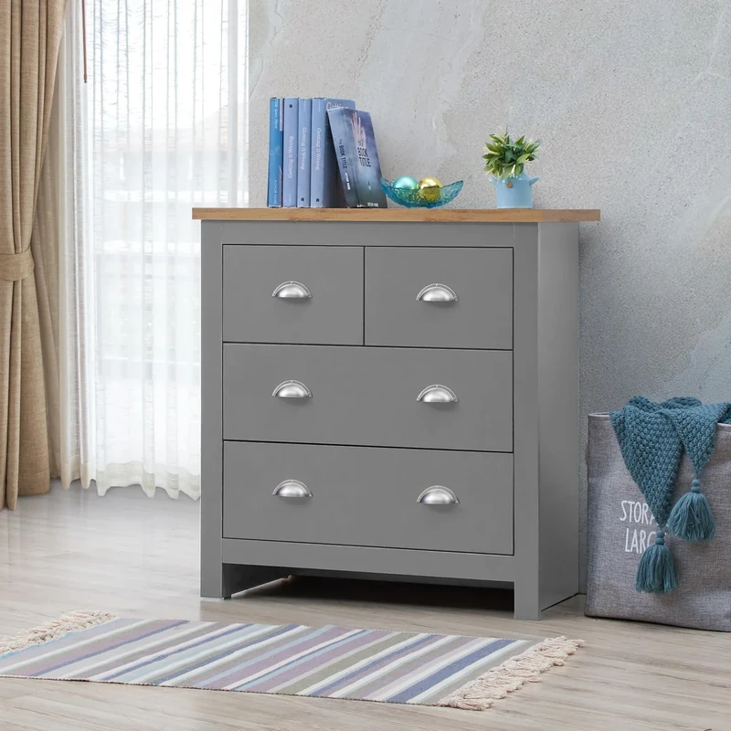 Timber Art Design UK Lisbon 4 Chest Of Drawer With Pull Out Handles Wide Storage Organiser Unit For Modern Bedroom Hallway Living Room Bedside Cabinet Furniture With Oak Top, Grey - 82 x 79 x 35 cm