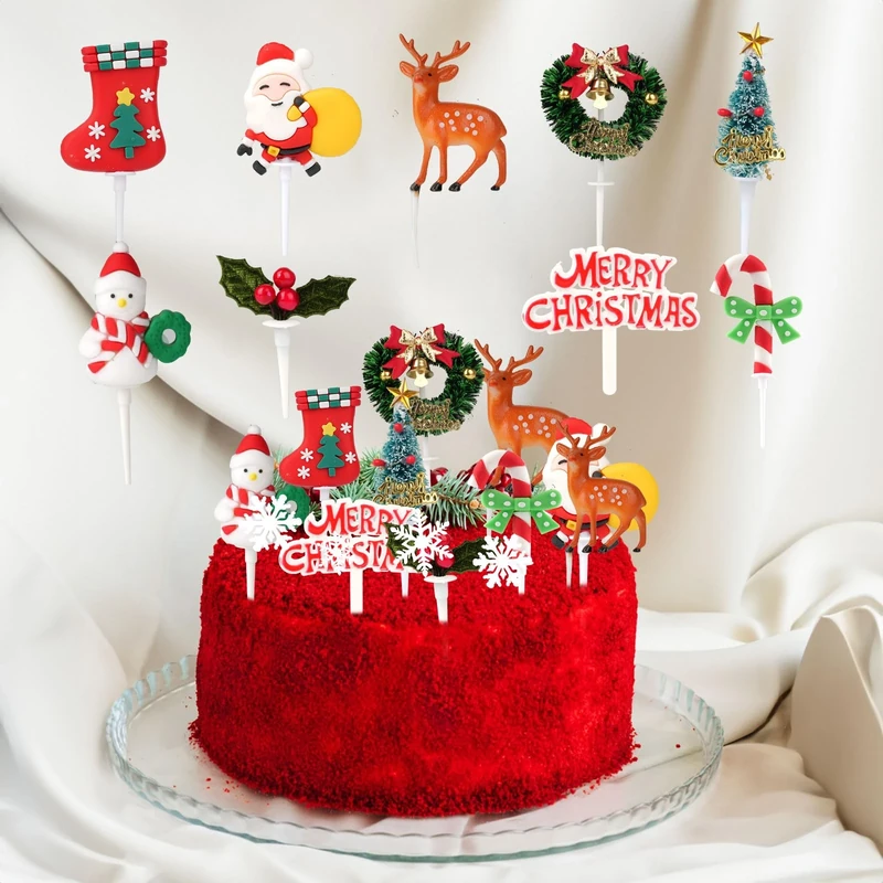 26PCS Christmas Cake Decorations, Includes Santa, Snowman, Christmas Tree, Reindeer, Candy & Xmas Toppers for Party