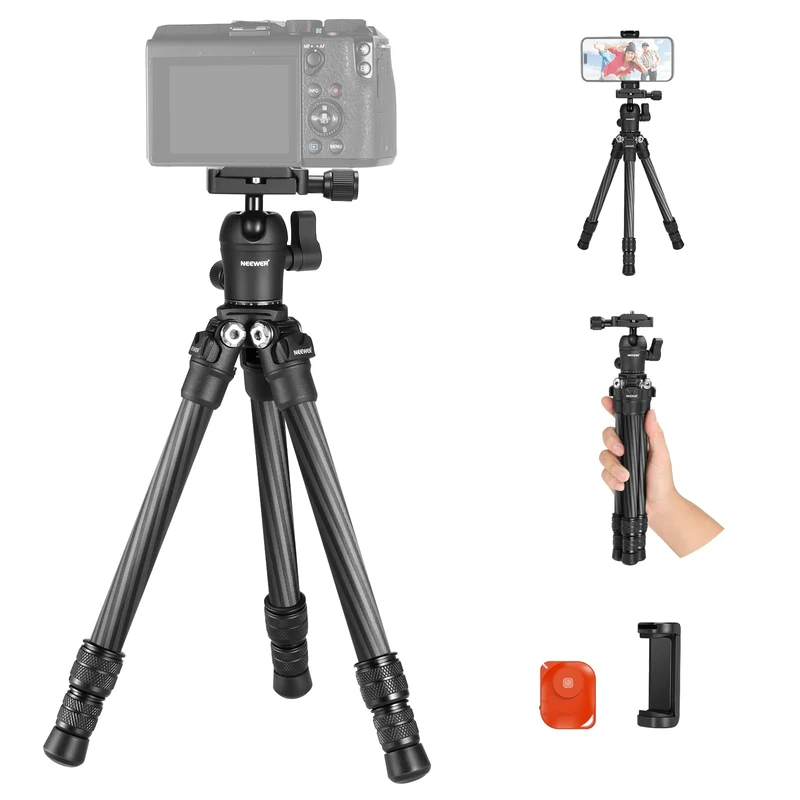 NEEWER TP09 Carbon Fiber Mini Tripod for Phone and Camera, 20" Desktop Stand with Ball Head, Phone Holder, Remote - Lightweight Compact Travel Tabletop for DSLR, Video Camcorder, Webcam