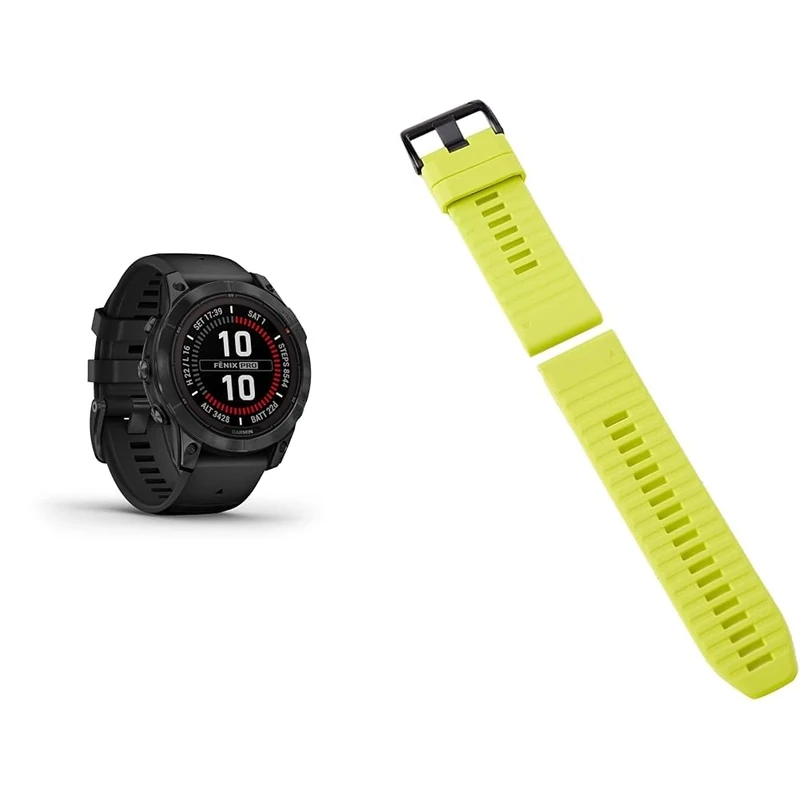 Garmin fēnix 7 PRO SOLAR, Multisport GPS Smartwatch, Advanced Health and Training Features QuickFit 26 Watch Bands- Amp Yellow Silicone
