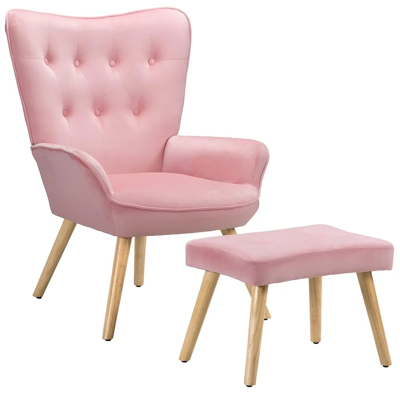 BAKAJI Living Room Armchair with Stool, Armchair with Pouffe Footrest for Living Room, Bedroom Chair Padded with Soft Velvet Cover, High Armrests, Modern Design (Pink)