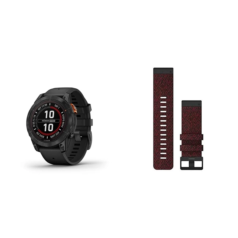 Garmin fēnix 7 PRO SOLAR, Multisport GPS Smartwatch, Advanced Health and Training Features QuickFit 26 Watch Bands- Heathered Red Nylon