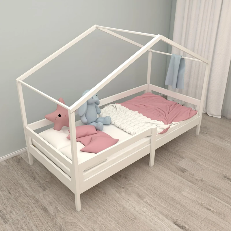 roba house bed 90 x 200 cm - children's bed following The Montessori principle - extendable with slatted frame and house bed cover - integrated fall protection - white lacquered wood