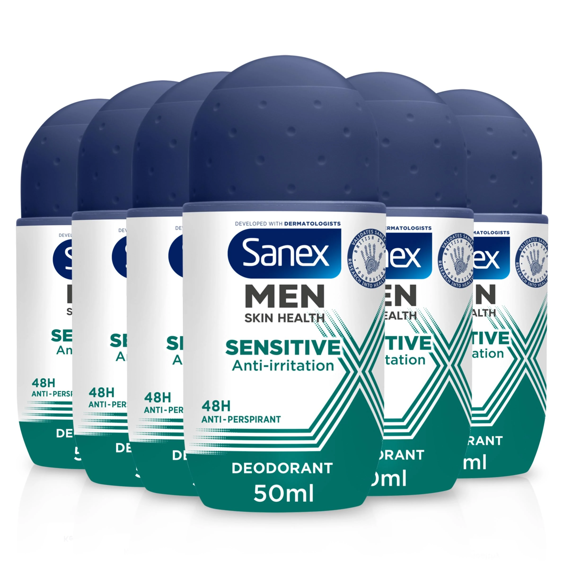 Sanex Men Sensitive Antiperspirant Roll-On Deodorant 6x50ml - 48 hour sweat protection - odour-fighting formula - slows down odour release - gentle on skin - 0% alcohol*