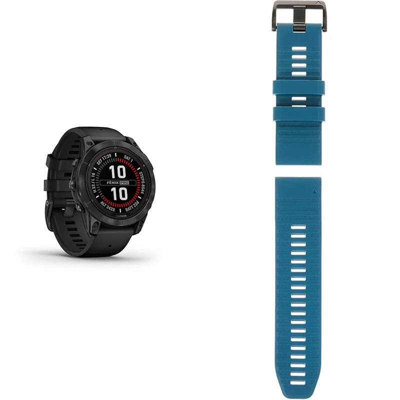 Garmin fēnix 7 PRO SOLAR, Multisport GPS Smartwatch, Advanced Health and Training Features QuickFit 26 Watch Bands- Lakeside Blue Silicone