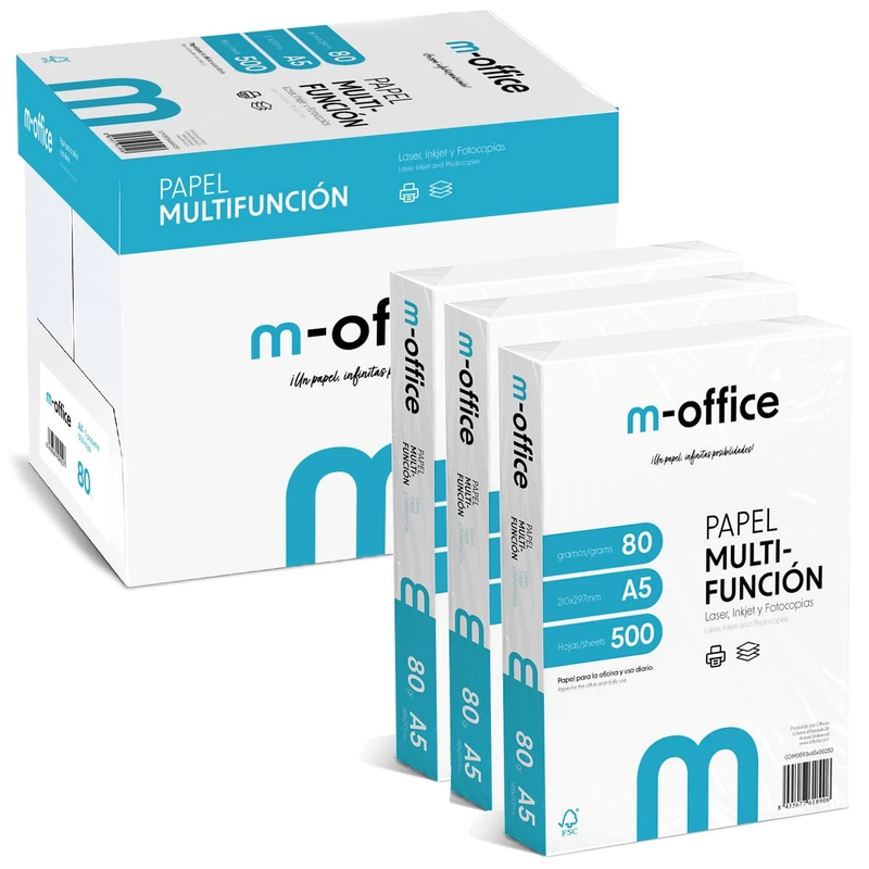 A5 80 g Pack of 8 Packs of 500 Sheets, Multifunction Paper for Inkjet and Laser Printer, A5 Sheets 148 x 210 mm, Ideal for Office and Home · m-Office (4000 Sheets)