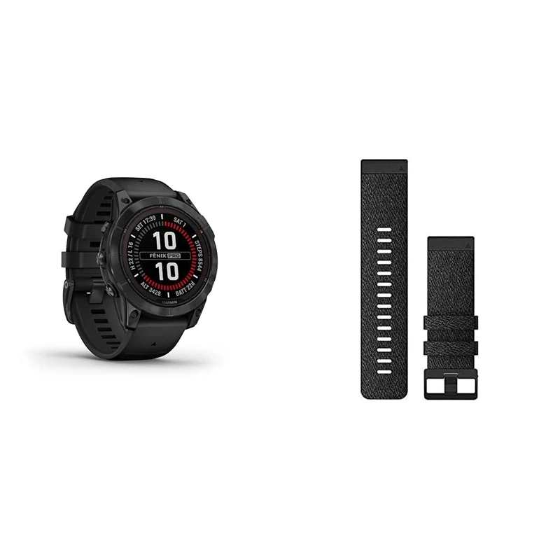 Garmin fēnix 7 PRO SOLAR, Multisport GPS Smartwatch, Advanced Health and Training Features QuickFit 26 Watch Bands - Heathered Black Nylon