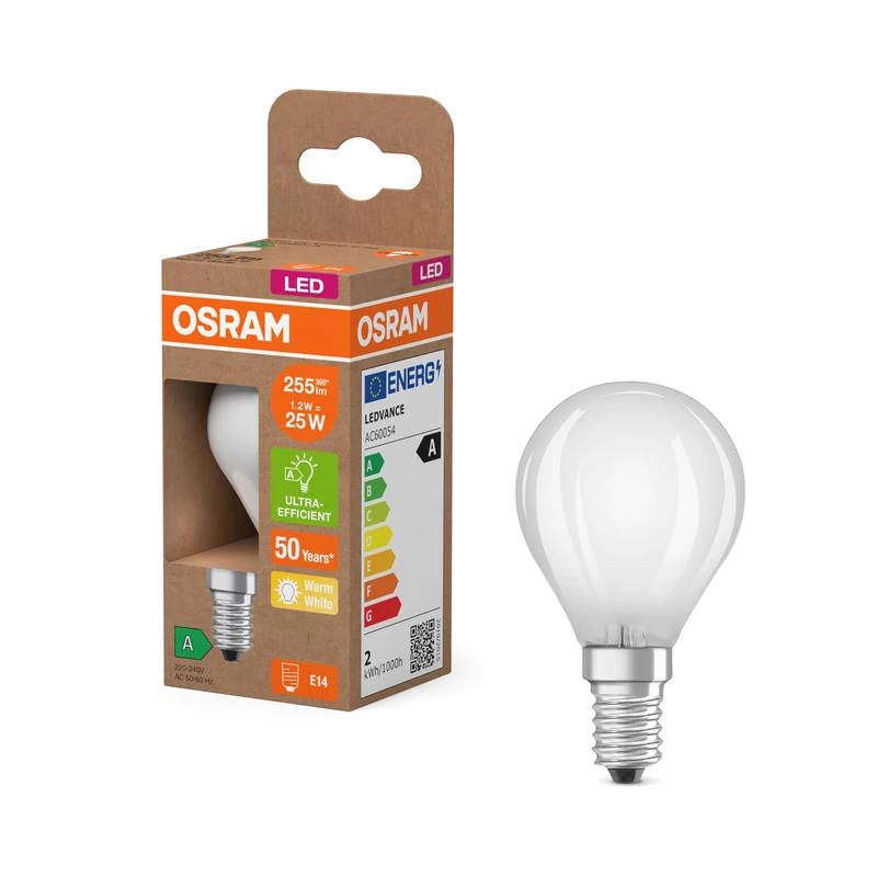 OSRAM Classic Mini Ball LED Light Bulb with Decorative Frosted LED Filament Energy Class A E14 1.2W 255lm 2700K Warm White Warm White 6-Pack