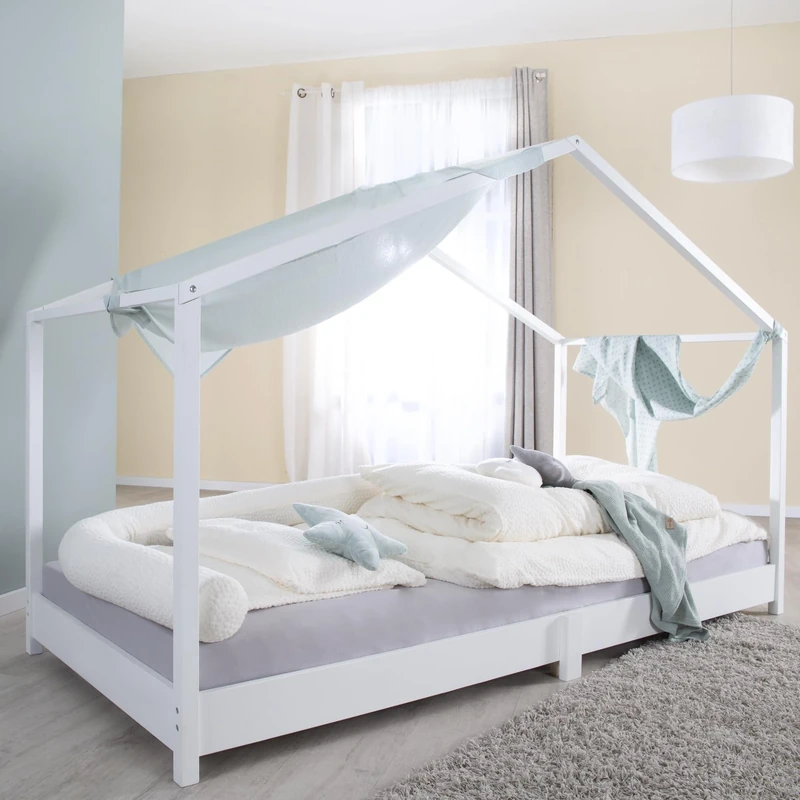 roba house bed 90 x 200 cm for Children - floor bed following The Montessori principle - extendable with slatted frame, mattress, and house bed cover - white lacquered wood