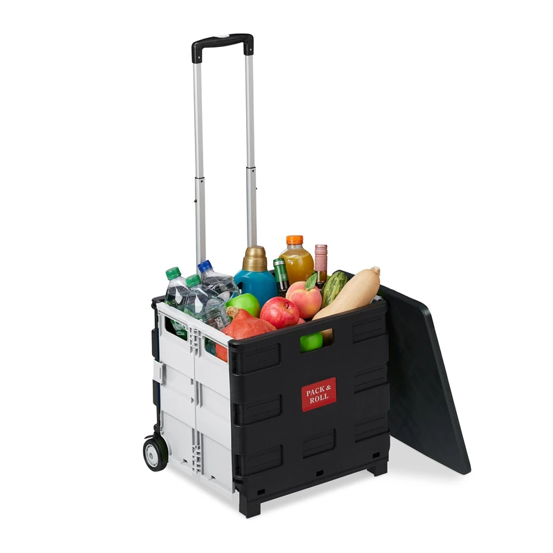 Relaxdays Shopping Trolley, Foldable, Wheels, Lid & Telescopic Handle, up to 35kg, Cart, Basket, Black/White, 98 x 44 x 38 cm - Image 1