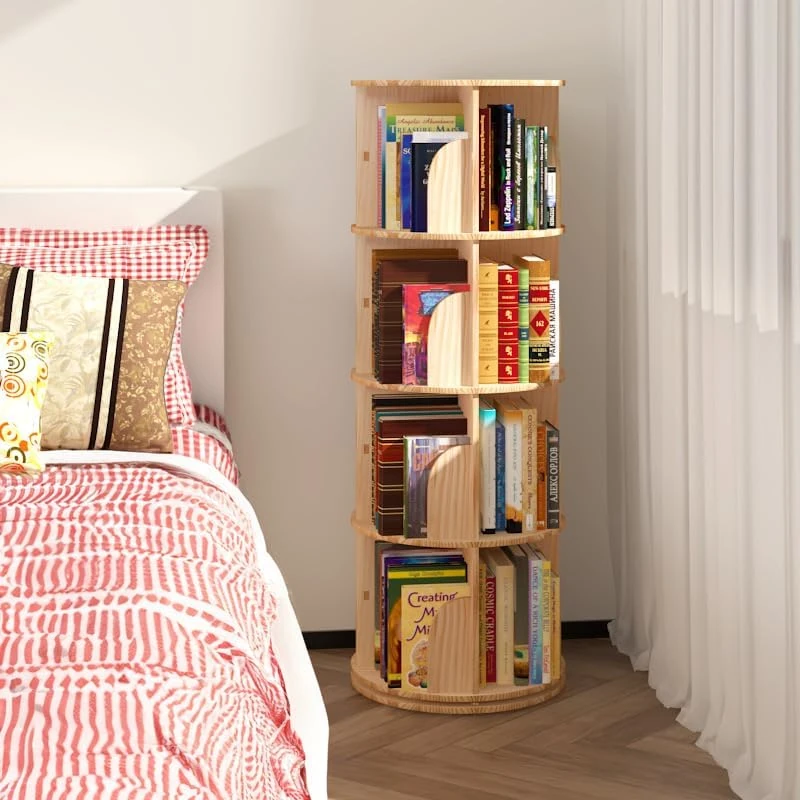 Rotating Bookshelf 360 Degrees, Storage Display Rack Floor Standing Bookcase for Kids&Adults，4 Tiers Stackable Solid Wood Bookshelf Organizer, Solid Wood Bookshelf Organizer for Small Space (4 Tiers)