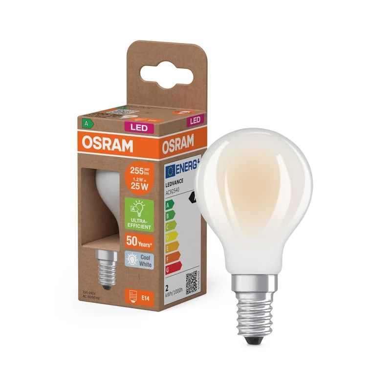 OSRAM in Classic mini Ball Shape, with Decorative LED Filament in Frosted Design, A, E14, 1.2W, 255lm, 4000K, Cool White.No Heating, 6 Pack