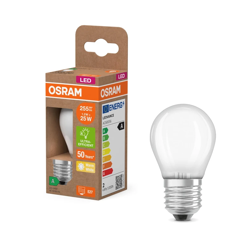 OSRAM in Classic mini Ball Shape, with Decorative LED Filament in Frosted Design, A, E27, 1.2W, 255lm, 2700K, Warm White.No Heating, 6 Pack