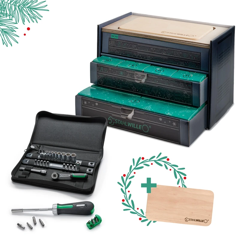 STAHLWILLE Tool Advent Calendar 2024, 1/4 Inch Ratchet, Ratchet Screwdriver, Socket Wrench, Bits, Premium Socket Set Made in Germany