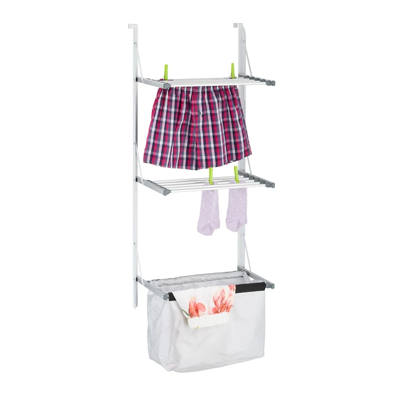 Relaxdays Door Hanging Clothes Dryer, Space-Saving Rack, HWD: 125 x 47 x 36 cm, Foldable Wings, with Laundry Bag, Silver