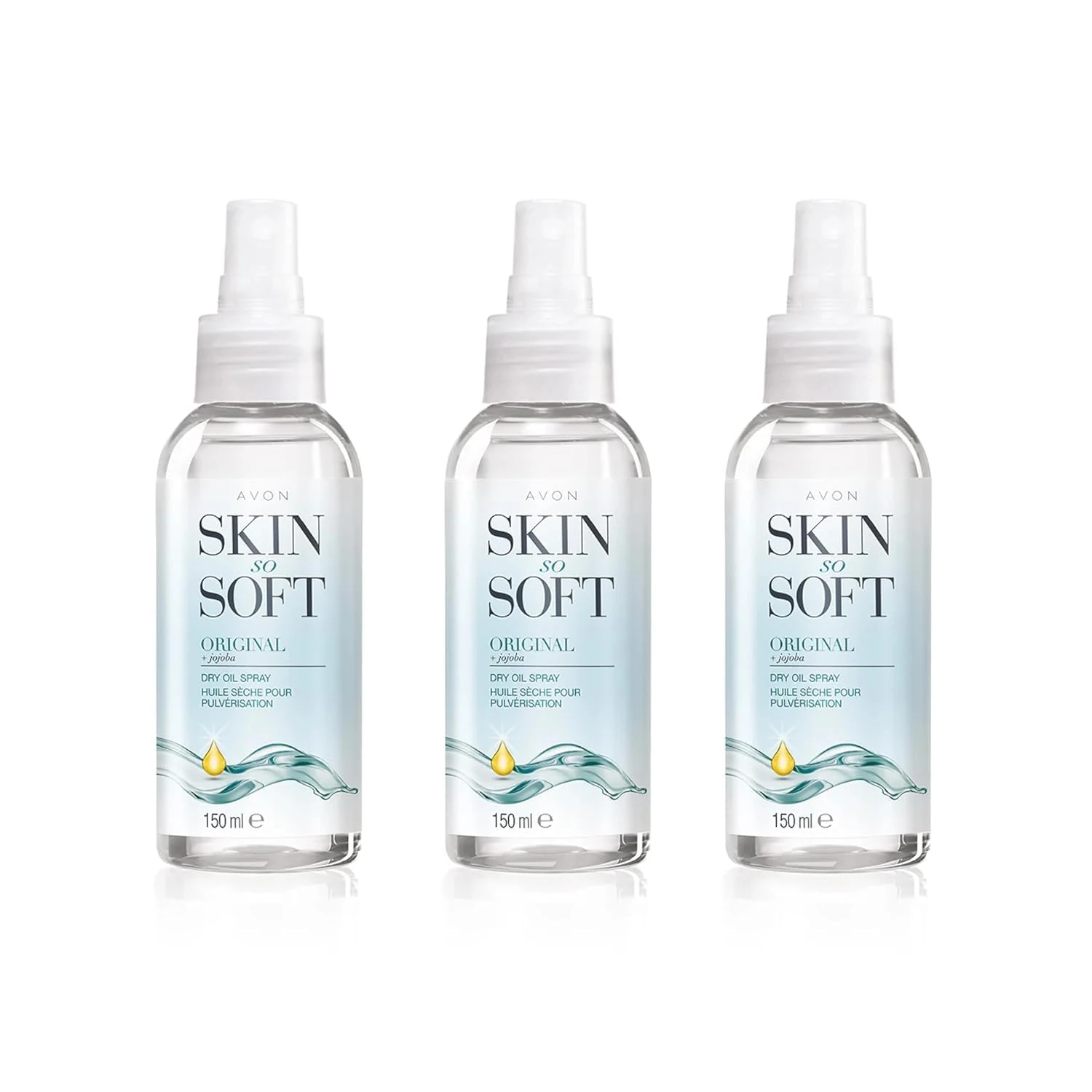 Avon Skin So Soft Dry Oil Spray 150ml Trio, Locks in Moisture, Formulated with Jojoba Oil and Vitamin E, Quick Dry Formula, Cruelty Free, Clear