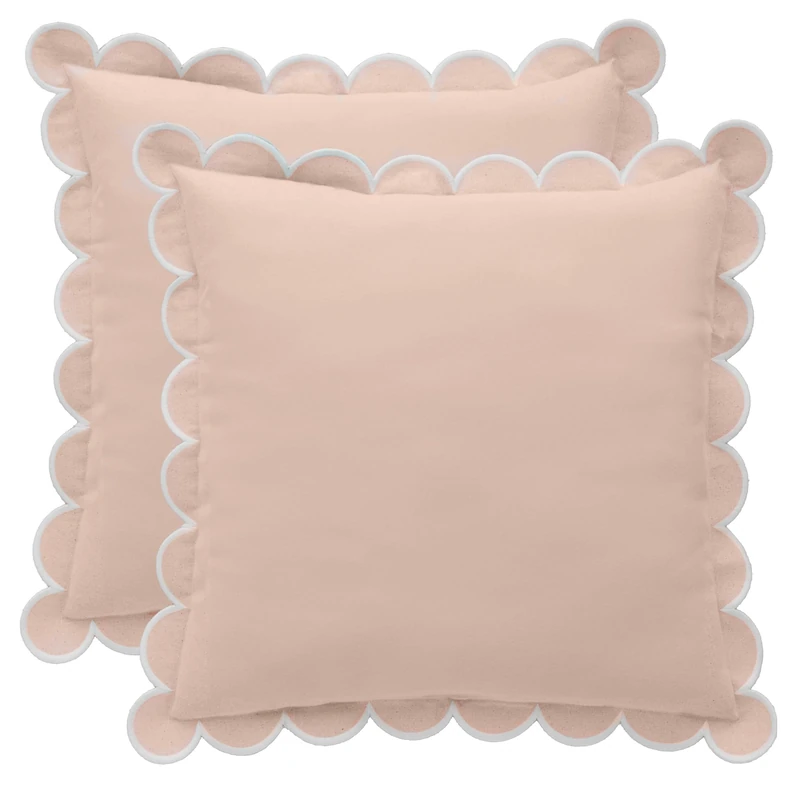 BEBE BASK Scalloped Pillow Cover - Set of 2-18 x 18 Inch - Scallop Pillow Covers - Pink - 100% Cotton - Grandmillennial Style (Dusty Pink/White)
