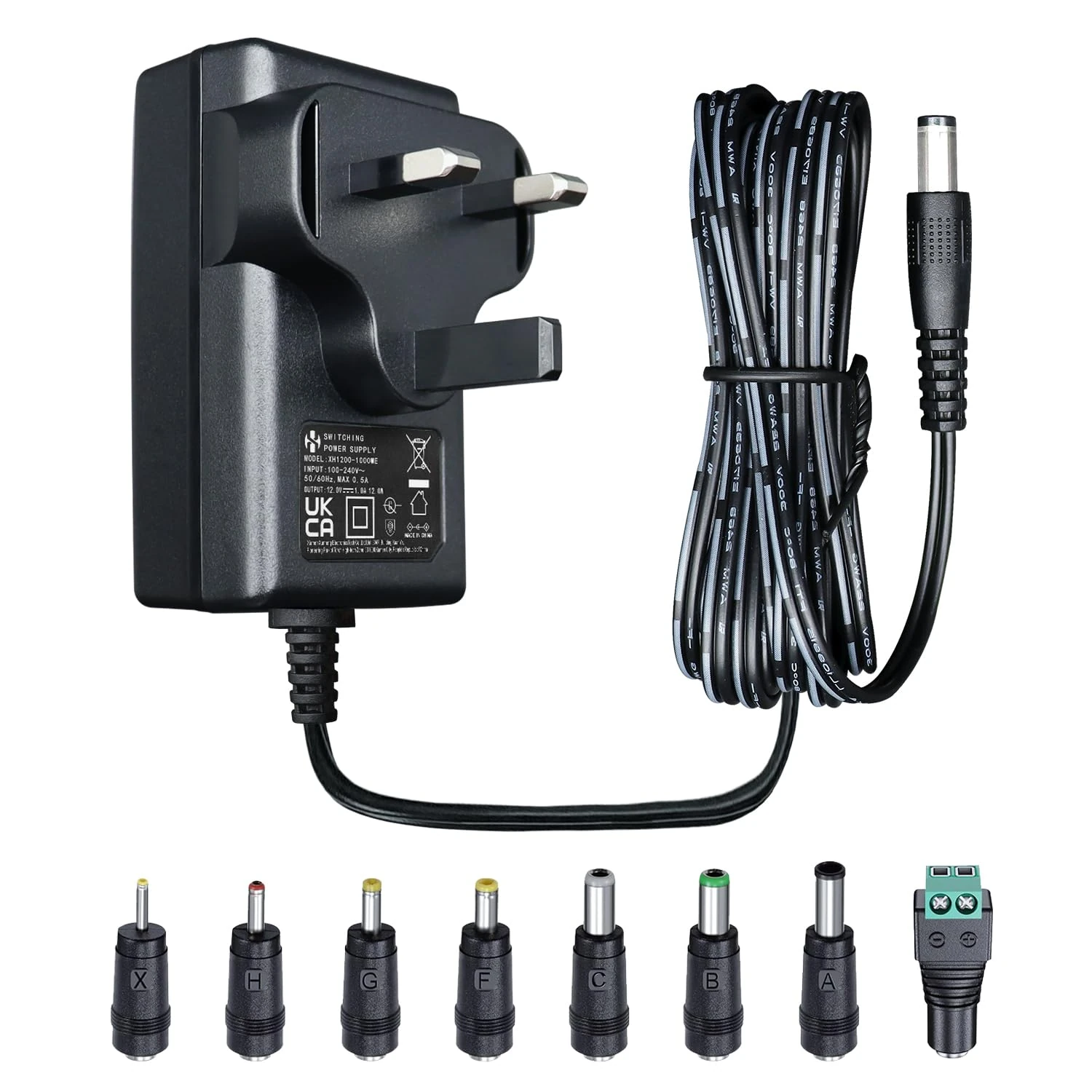 12V 1A 12W 1.8M Power Supply - AC DC Switching Adapter (100-240V Input, 12V 1A Output), Wall Mount Transformer Plug with 8 Interchangeable Adapter Jacks, UKCA Listed