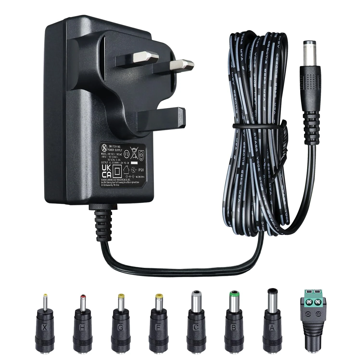 15V 1A 15W 1.8M Long Power Supply Adapter, AC DC Switching Adapter (Input 100-240V, Output 15Volt 1Amp 1000mA), DC 15V Wall Mount Transformer Plug with 8 Interchangeable Adapter Jacks, UKCA Listed