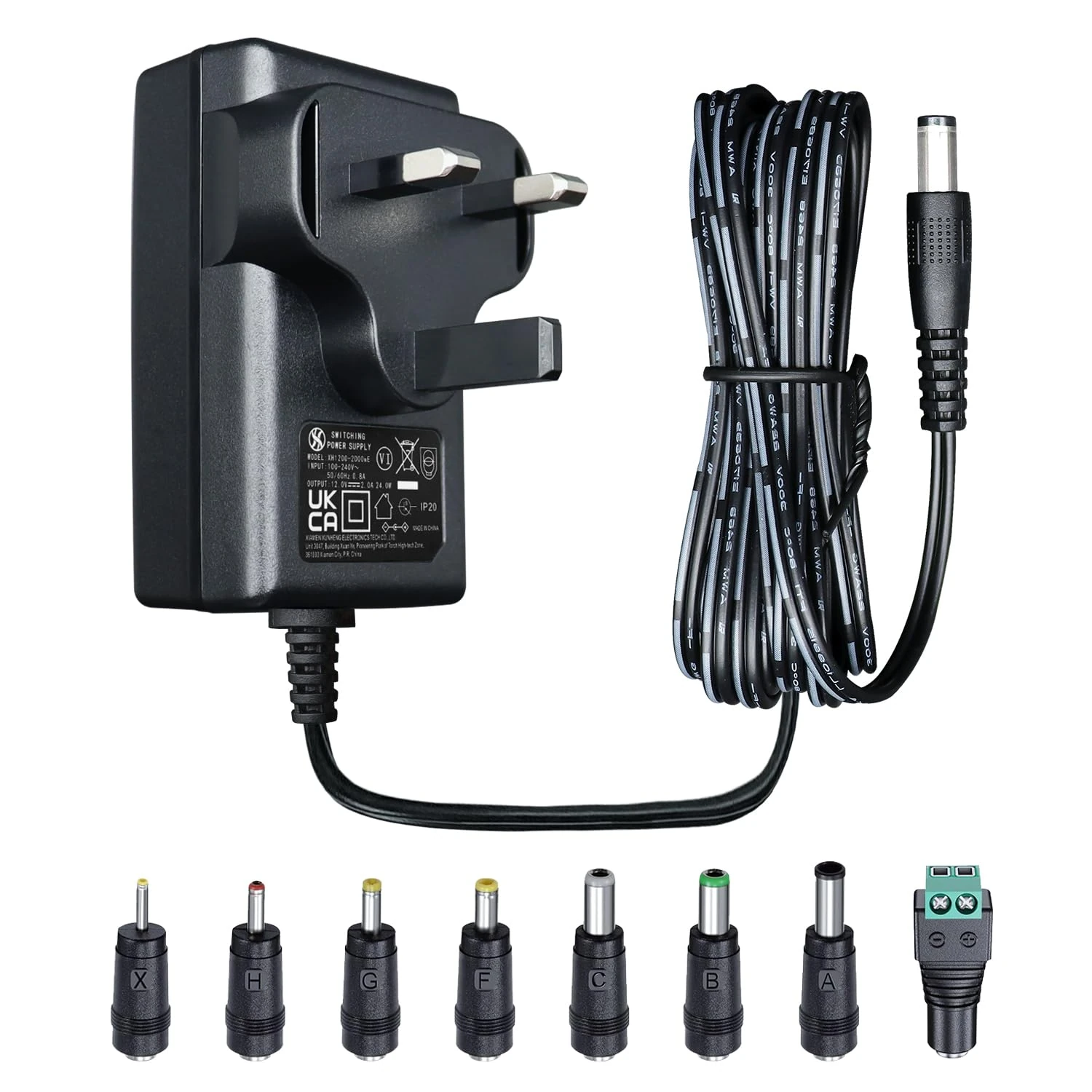 12V 2A 24W 1.8M/6Ft Long Power Supply Adapter, AC DC Switching Adapter (Input 100-240V, Output 12Volt 2Amp 2000mA), Wall Mount Transformer Plug with 8 Interchangeable Adapter Jacks, UKCA Listed