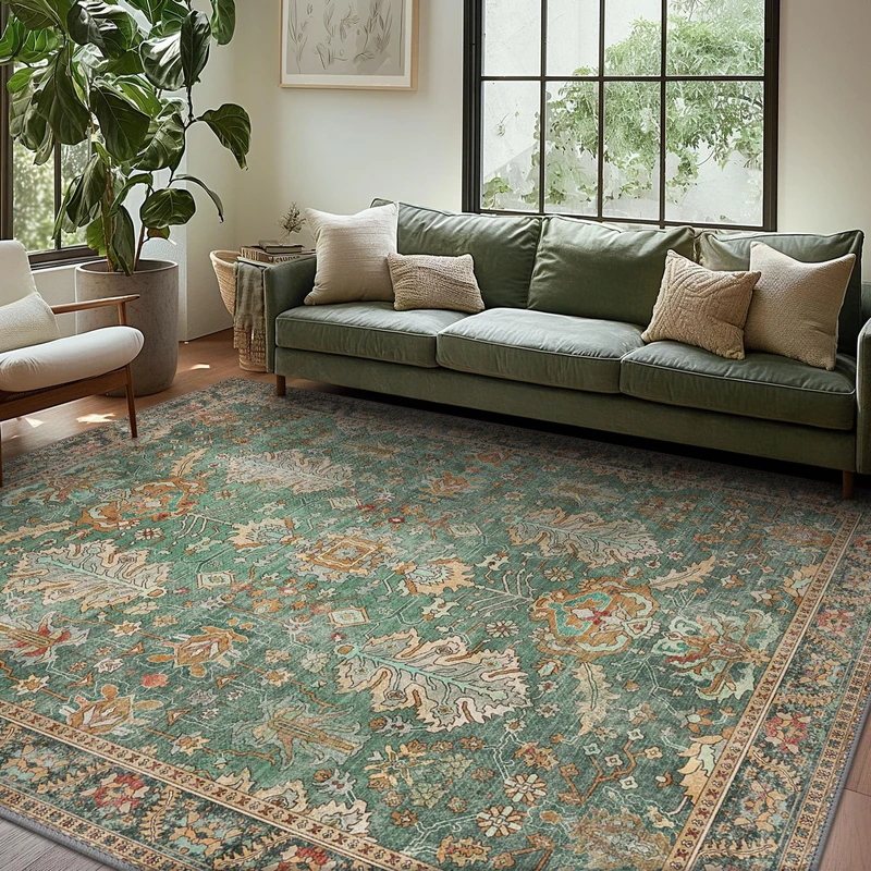 Bavni 8x10 Boho Area Rug - Machine Washable Sage/Gold