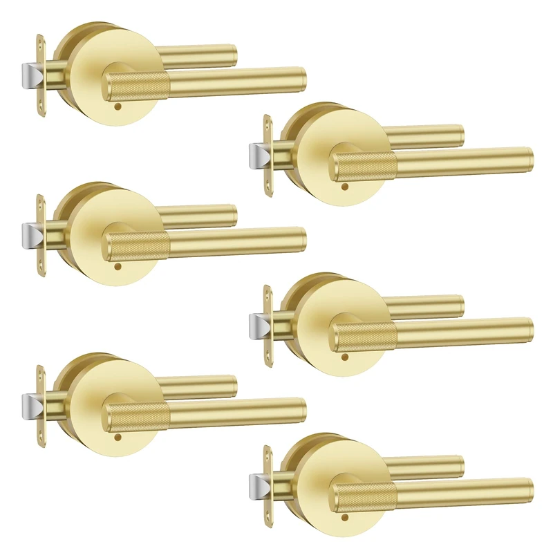Asidrama 6 Pack Privacy Gold Door Knob with Lock, Brushed Gold Door Handles Interior for Bedroom or Bathroom, Heavy Duty Door Lever with Reversible Interior Door Handle for Left Right Sided Doors