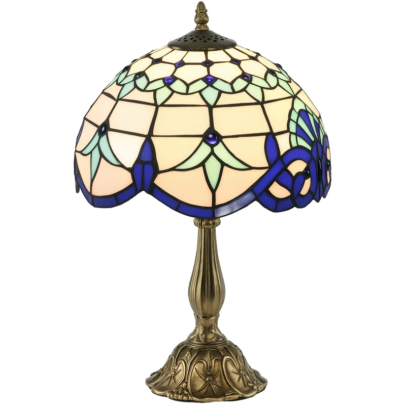 HOMCOM Stained Glass Table Lamp, Handmade Antique Bedside Lamp for Bedroom, Living Room, Home, Nightstand, Decorative Night Light, Blue