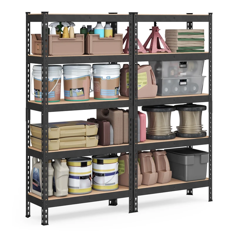 SONGMICS 5-Tier Shelving Unit, Set of 2 Storage Shelves, for Garage, Boltless Assembly, Adjustable Shelves, 30 x 75 x 150 cm, Load 875 kg, for Shed Warehouse Basement Kitchen, Black GLR302B01