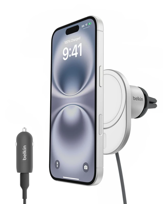 Belkin BoostCharge Pro Magnetic Wireless Car Charger with Qi2 15W, MagSafe-compatible magnetic car vent phone mount for iPhone 17, Air, 16 Series, Pixelsnap, 20W USB-C PSU + 1.5m cable included - Grey
