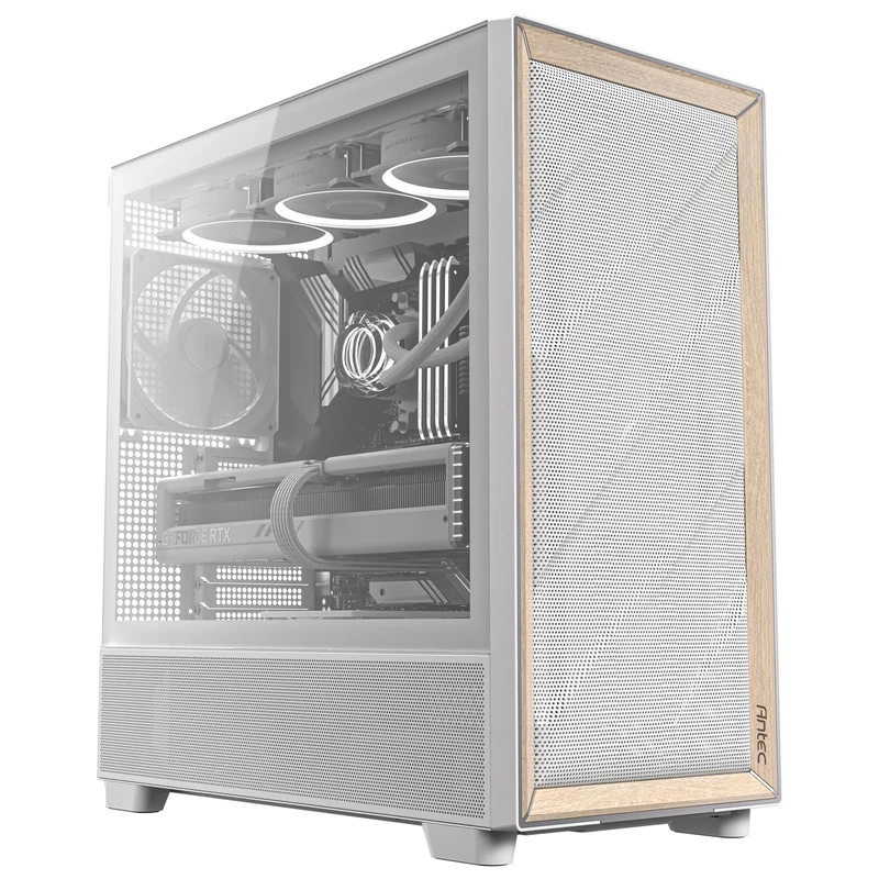 Antec Flux Wood White, 5 x PWM Fans Included, High-Airflow Front Panel with Birch Wood, Type-C, 420mm Radiator & Back Connect Motherboard Support, Up to 9 Fans Simultaneously, Mid-Tower E-ATX PC Case
