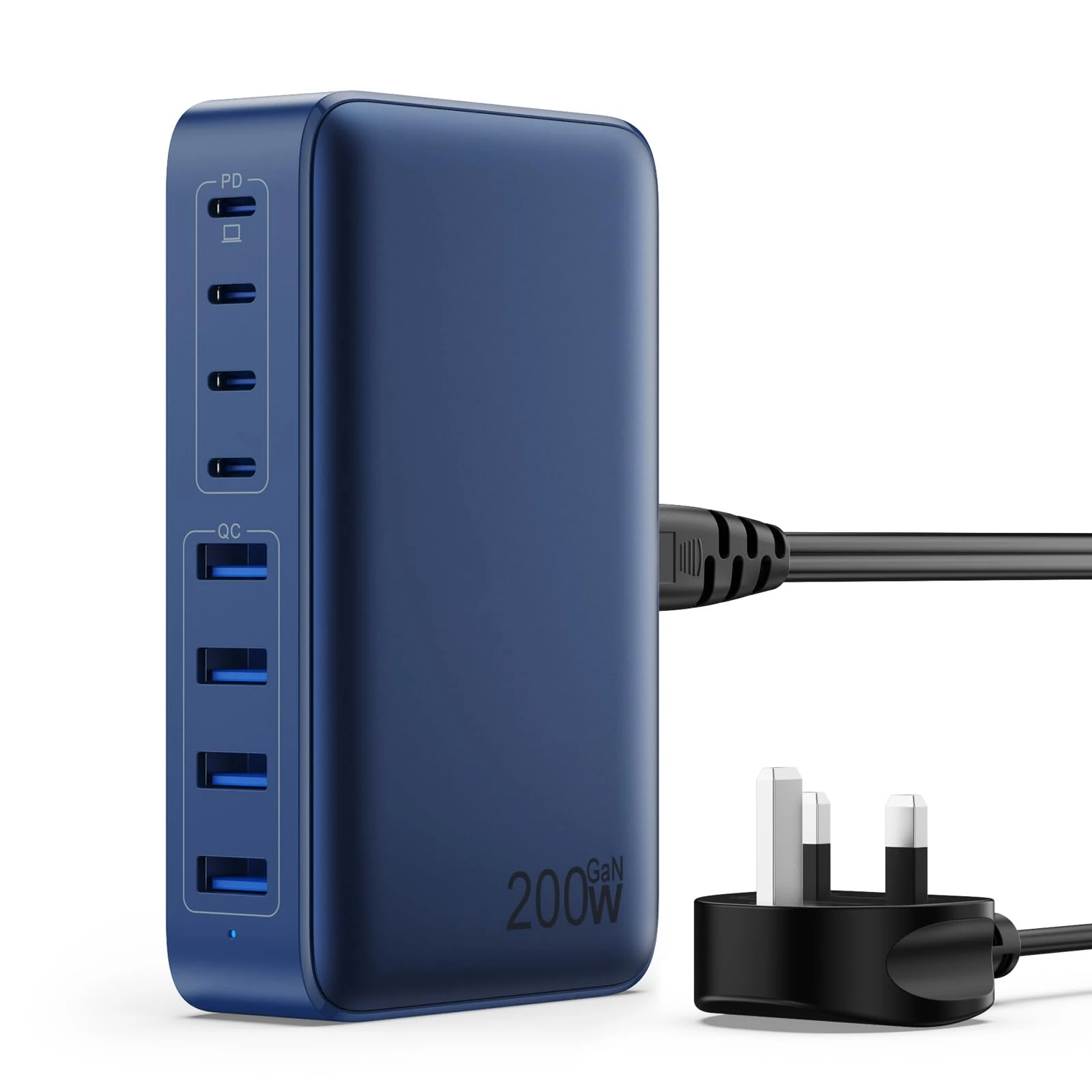 200W USB C Fast Charger Block,Upgraded GaN III 8-Port Charging Station Hub,PD 65W Laptop Charger Power Adapter Compatible with MacBook Pro/Air,Dell XPS, iPhone 16/15/Pro/14,Galaxy S24/S23 etc-Blue