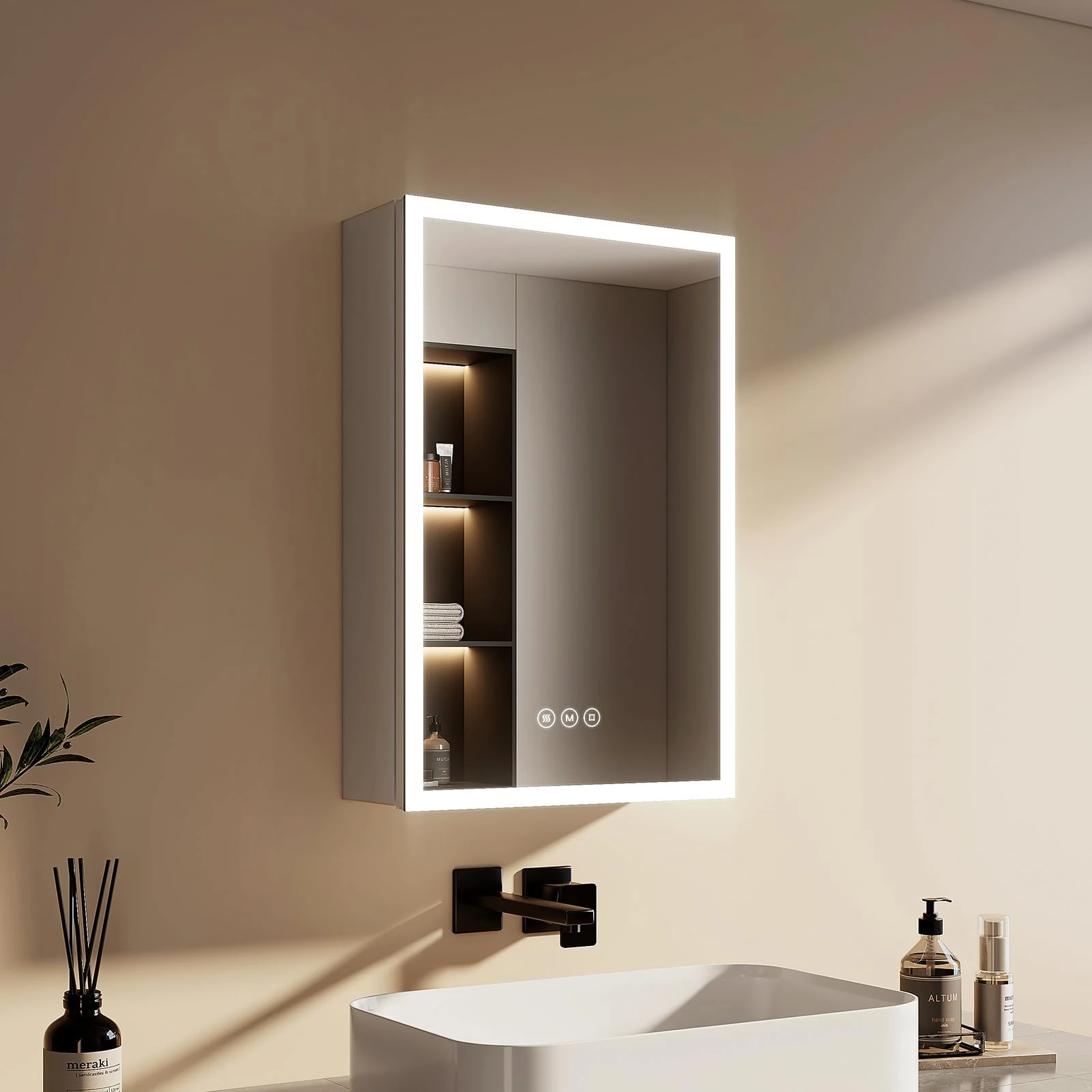 EMKE LED Lighted Bathroom Cabinet with Mirror, 400x600mm Single Door Wall Mounted Bathroom Mirror Cabinet with Shaver Socket, Anti-Fog, Dimmable & 3 Colors, Bathroom Storage Mirror Cabinet with Light