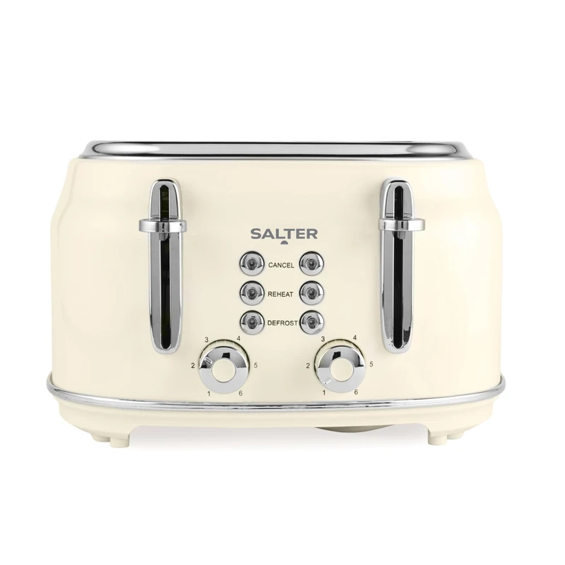 Salter Retro Cream 4-Slice Toaster – Wide Slots, 6 Browning Levels, Defrost, Reheat, Cancel Functions, Removable Crumb Tray, Extra Thick Bread/Bagels, High-Lift Eject, Self-Centring, 1630W
