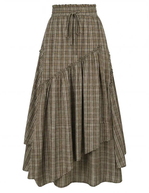 Women Plaid Skirt High Waist A Line Tiered Long Skirt with Pockets, Brown Plaid, S