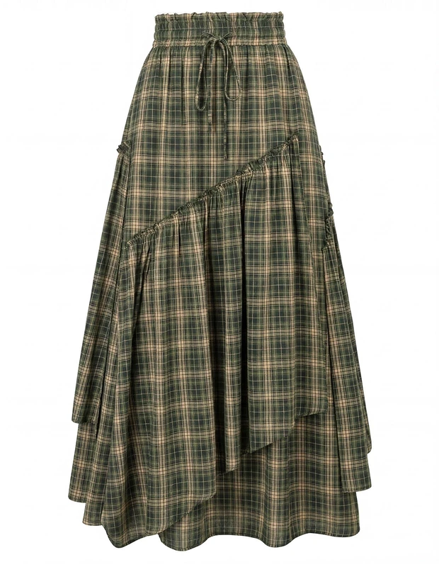 Women Plaid Skirt High Waist A Line Tiered Long Skirt with Pockets, Green Yellow Plaid, S