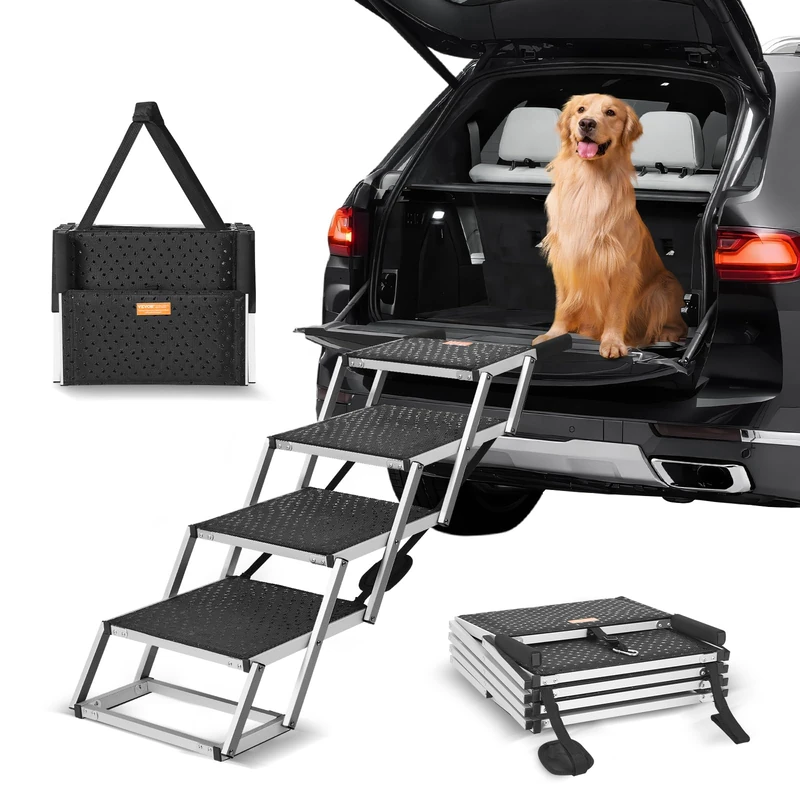 VEVOR Dog Stair, Wide 4-step Folding Dog Car Ramp with Nonslip Surface, Portable Pet Steps - Lightweight Aluminum for Car, SUV and Truck, Supports up to 150 lbs