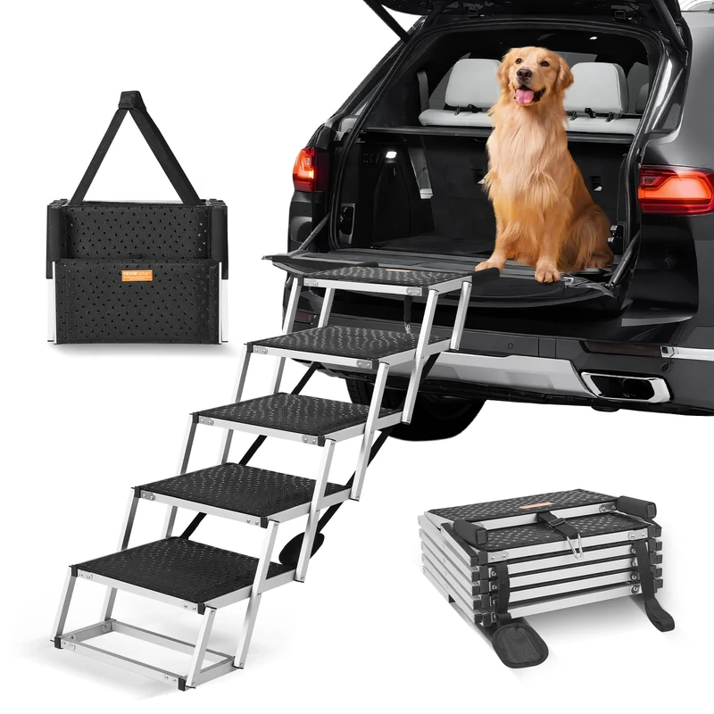 VEVOR Dog Stair for Cars, Wide 4-Step Pet Steps, Folding Ramp With Nonslip Surface, Portable Lightweight Aluminum for SUV and Truck, Supports up to 250 lbs