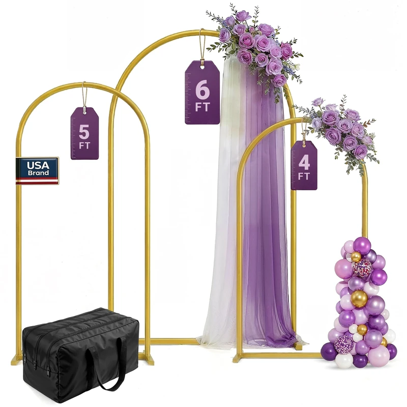 3 Pack Arch Backdrop Stand Set - Gold Metal Arches 6FT,5FT,4FT - Balloon Arch Stand - Wedding Arch for Wedding Ceremony, Party, Baby Shower Decoration - Door Frame Back Drop Stand