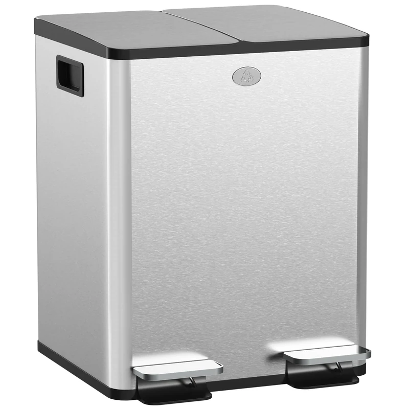HOMCOM Dual Kitchen Bin, 2 x 20L Stainless Steel Double Rubbish Bin with Soft Close Lid, Removable Inner Buckets, Fingerprint-Proof for Recycling and Waste, Silver Tone