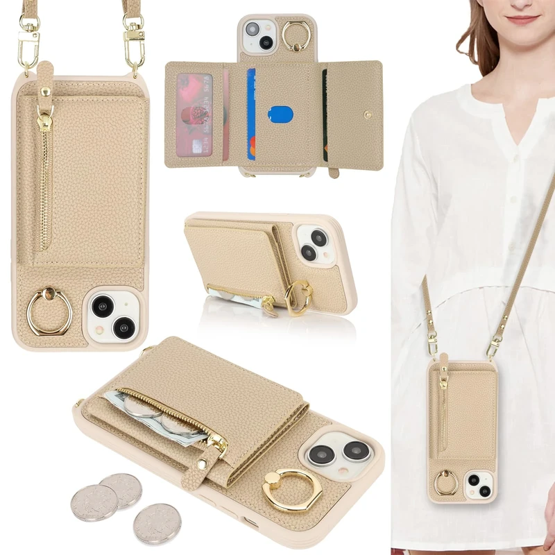ELTEKER Mobile Phone Case for iPhone 15 with Strap, Card Slot, Ring Holder, Leather Flip Case, Shoulder Bag, Beige