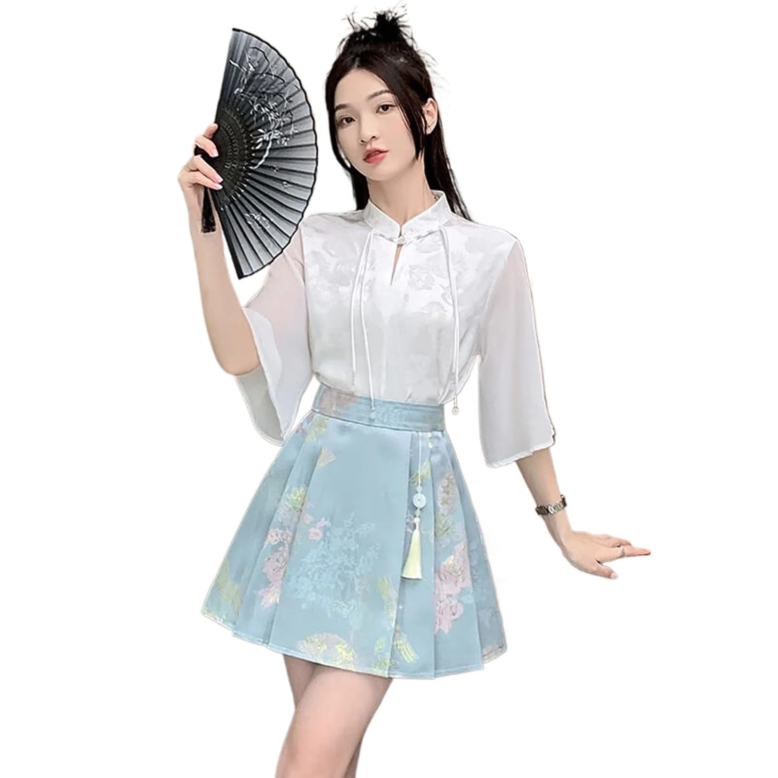 Chinese Style Short Horse Face Skirt Women Summer Thin Chiffon Top Pleated Mini Skirt F210 top Skirt XS
