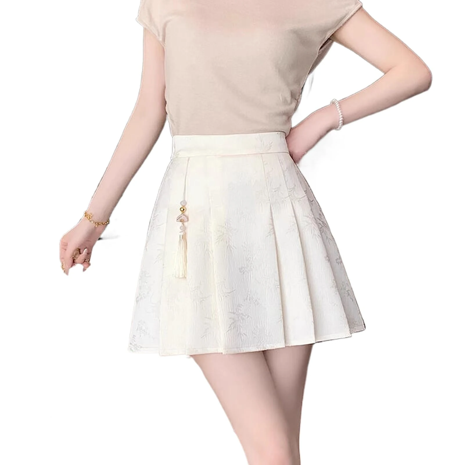 Summer Chinese Style Brocade Black Half Skirt Women Horse Face Skirt Button-Up High Waist Pleated A-Line Mini Skirt Beige XS