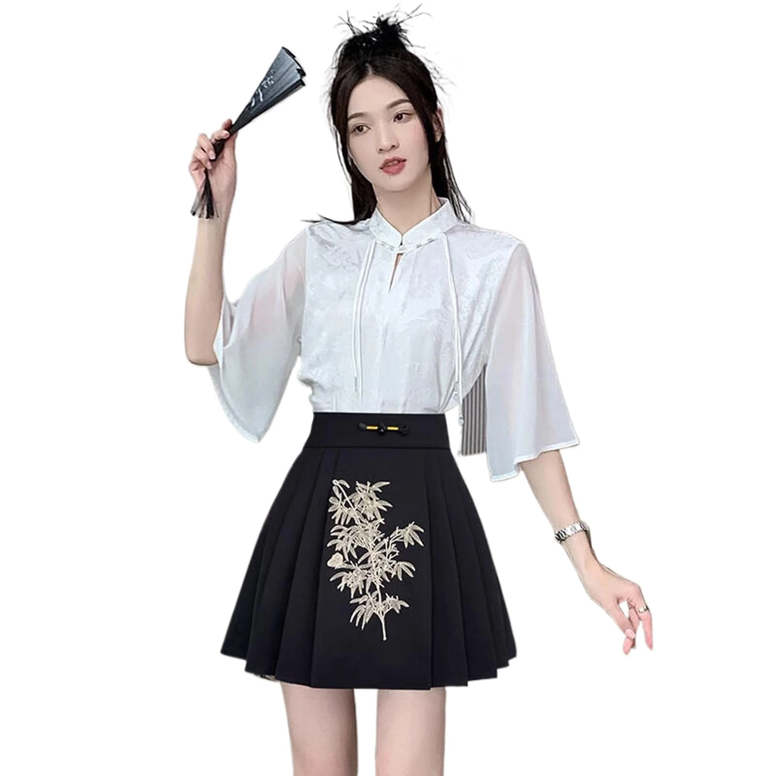 Chinese Style Short Horse Face Skirt Women Summer Thin Chiffon Top Pleated Mini Skirt G687 top Skirt XS