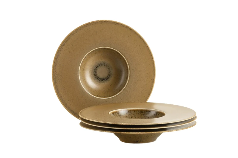 MÄSER Grumpy 935274 High-Quality Gourmet Plates with Wide Rim Made in Portugal, 4-Piece Crockery Set, Pasta Plate with Reactive Glaze in Elegant Shimmering Gold Brown, Porcelain