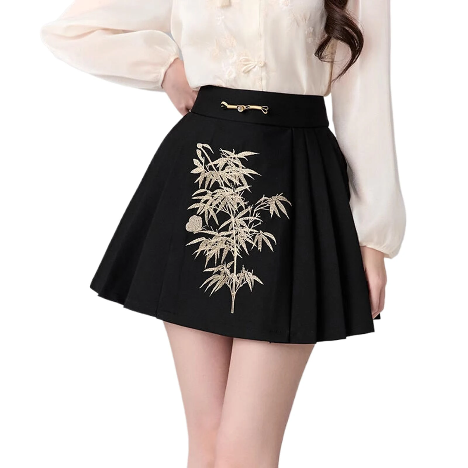 Chinese Style Skirt for Women Summer Horse Face Embroidered Pleated Skirt Black Mini Skirt Black M