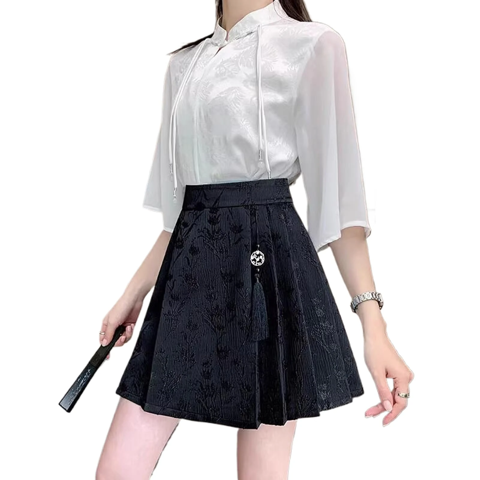 Chinese Style Short Horse Face Skirt Women Summer Thin Chiffon Top Pleated Mini Skirt C837 top Skirt XS