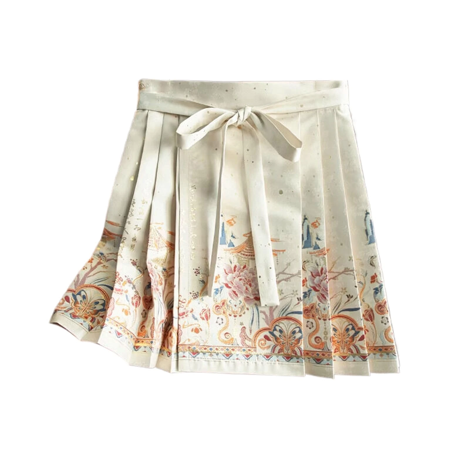 Heavy Brocade Chinese Style Horse Face Skirt Mini Skirt Petite High Waist Pleated Mini Skirt as Show S