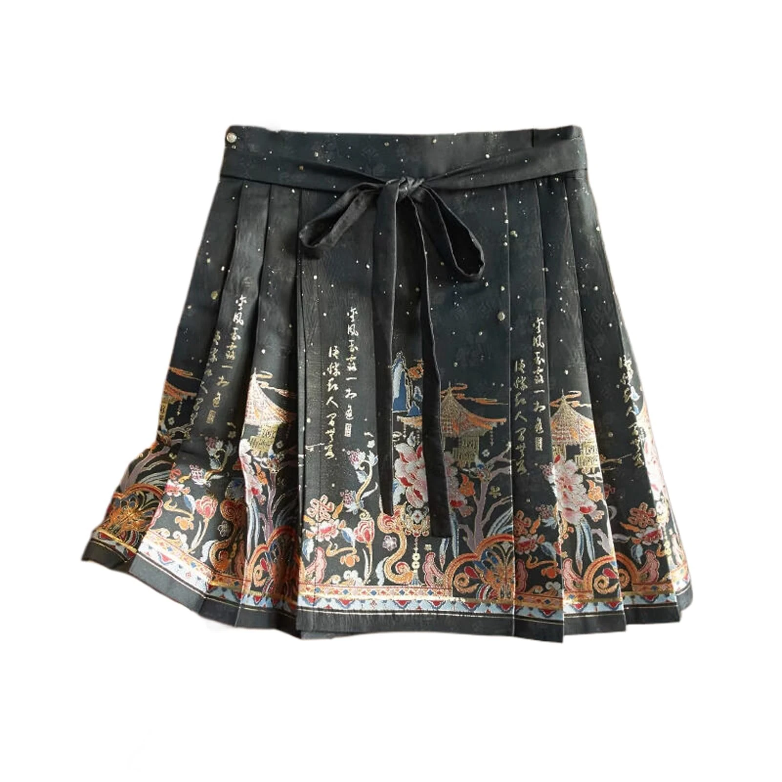 Heavy Brocade Chinese Style Horse Face Skirt Mini Skirt Petite High Waist Pleated Mini Skirt Black S